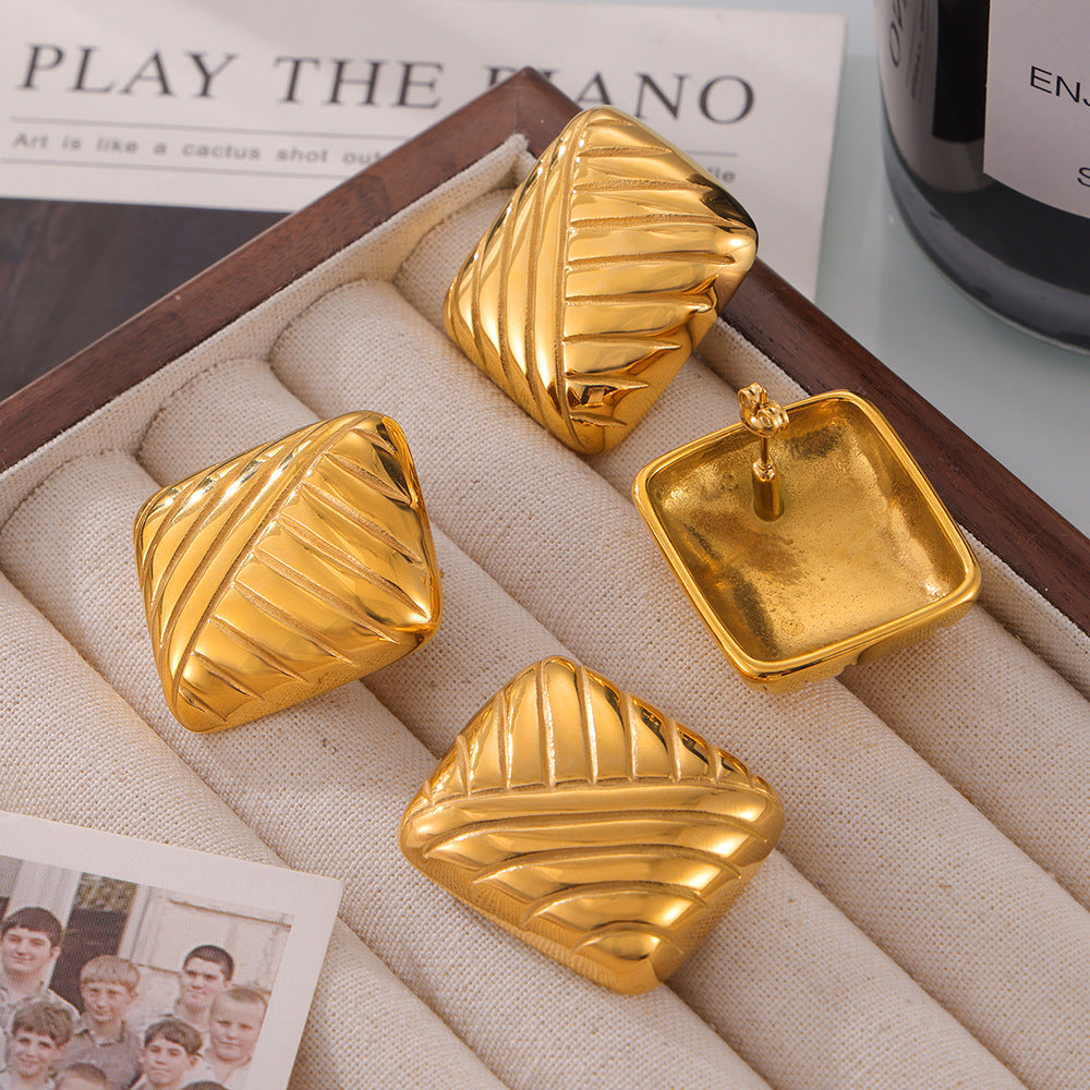 Chic Square Weave Titanium Steel Gold-Plated Earrings with a Twist