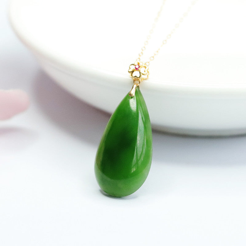 Fortune's Favor Hetian Jade Water Drop Four Leaf Clover Necklace