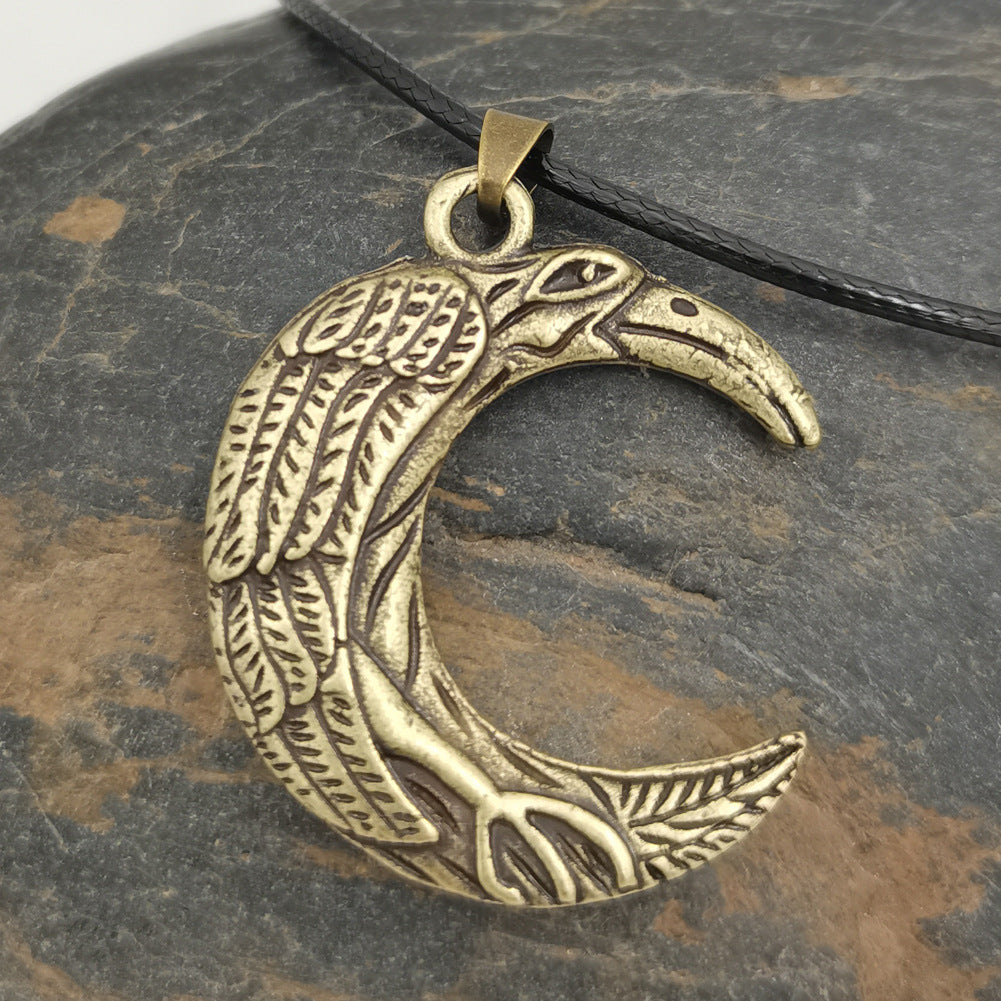 Mystic Crow Metal Necklace with Celtic Moon Pendant - Men's Nordic Talisman