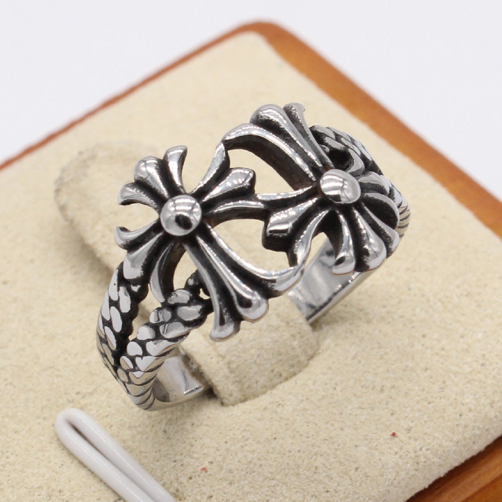 Double Croix Cross Titanium Steel Ring for Men