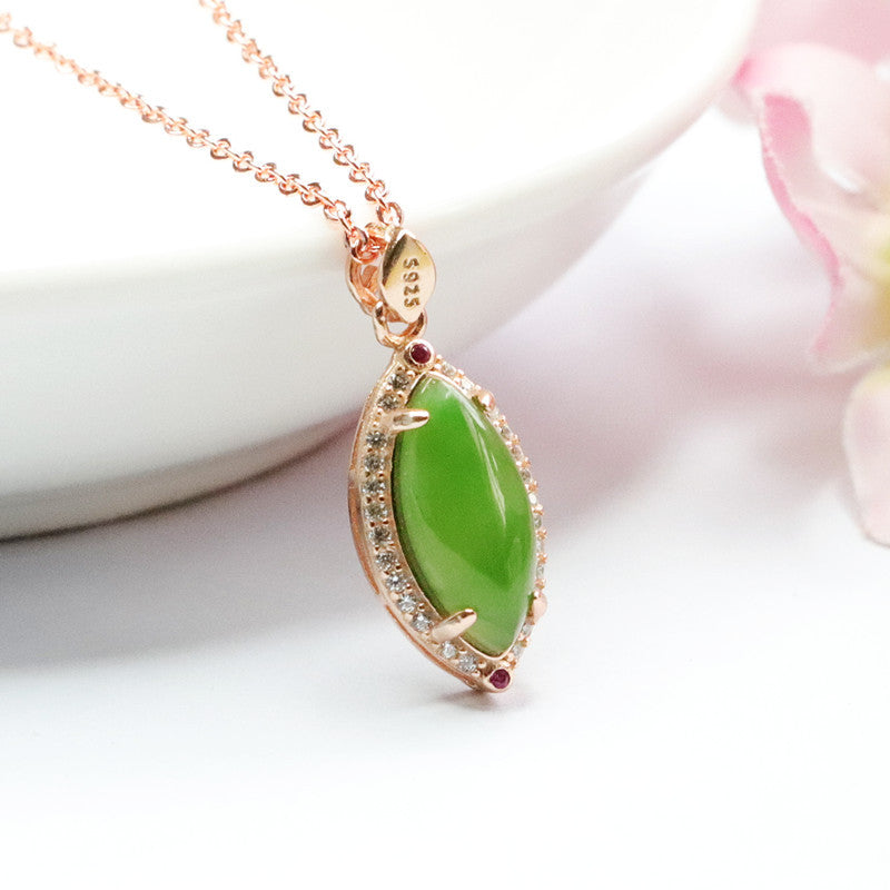 Sterling Silver Hotan Jade Pendant Necklace with Jasper Zircon Halo