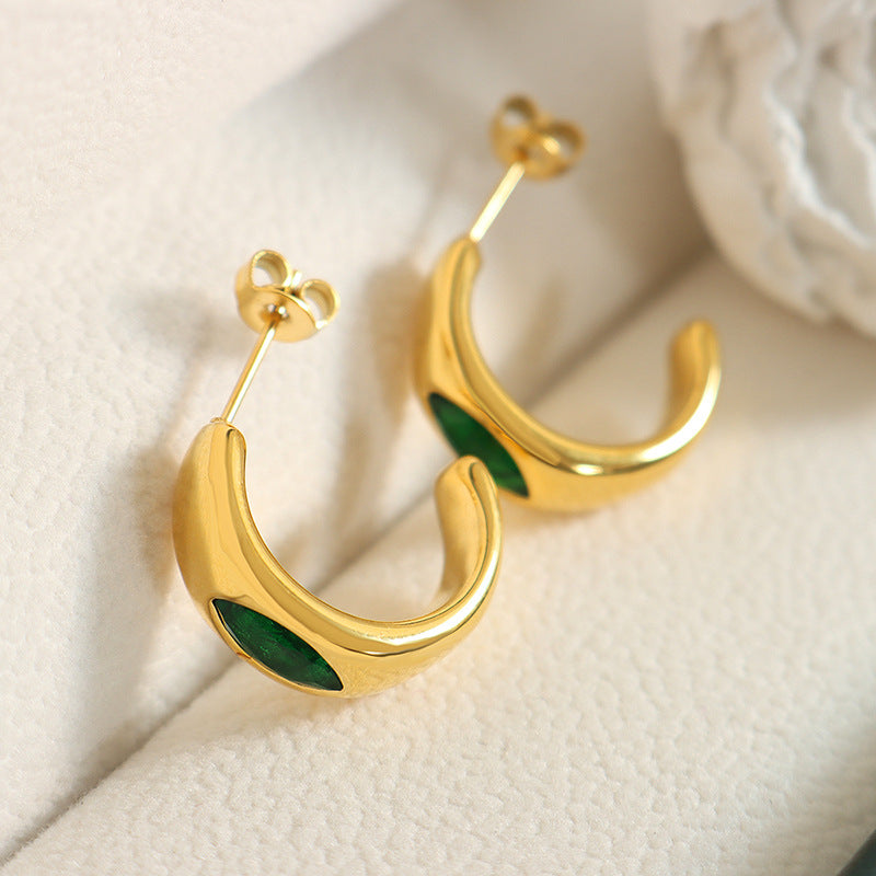 Emerald Zircon 18K Gold-Plated C-Shaped Earrings Set in Titanium Steel