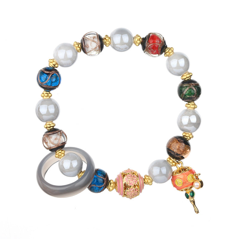 Ceramic Bracelet with Glazed Gray Porcelain and Five-color Beads