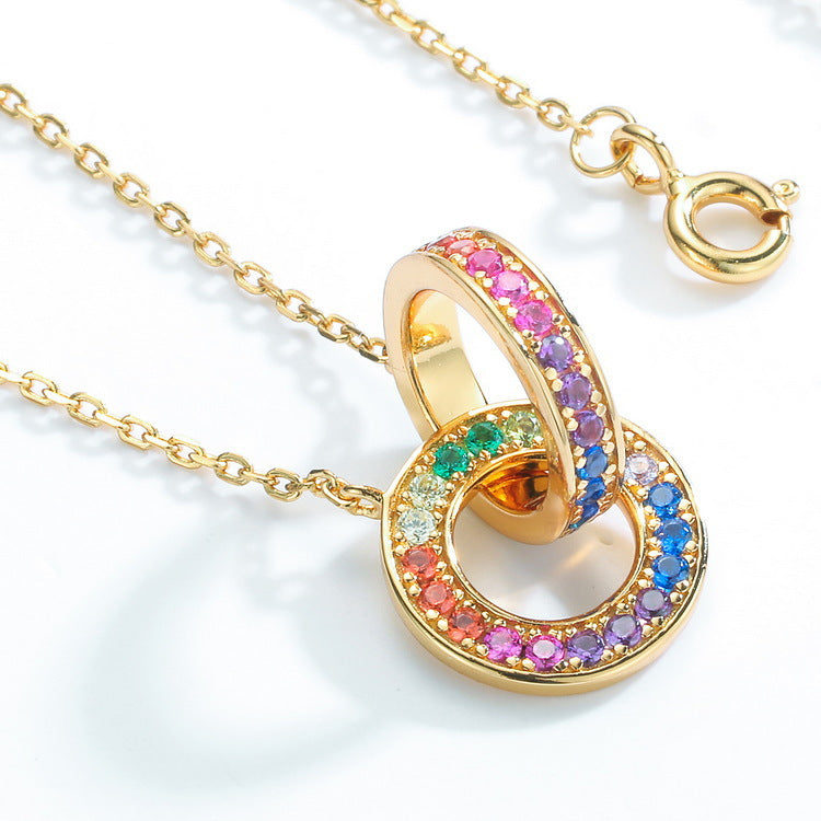 Double Circle Rainbow Zircon Silver Necklace