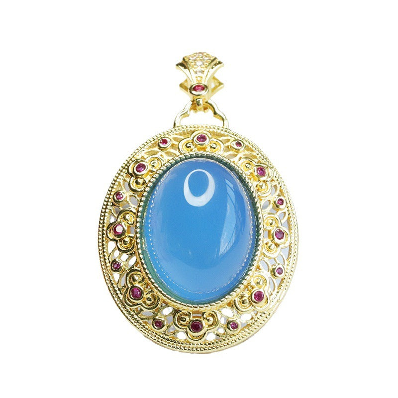 Oval Blue Chalcedony Hollow Vintage Zircon Pendant