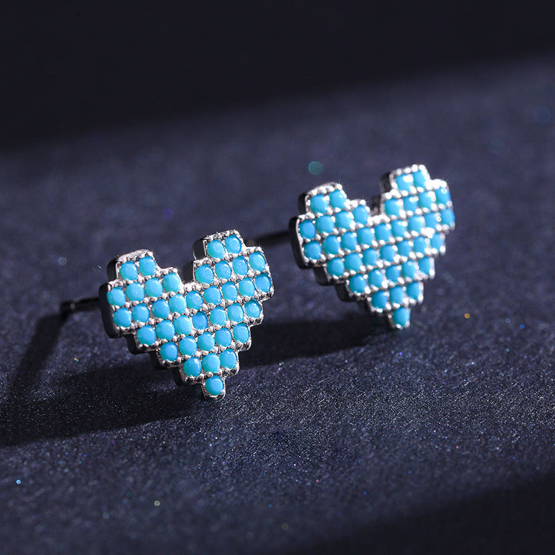 Retro Style S925 Sterling Silver Turquoise Heart-shaped Earrings