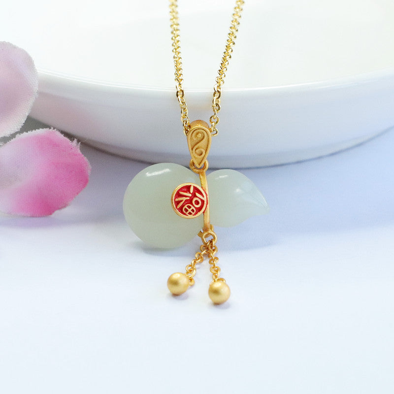 Blessed Gourd White Jade Necklace with Silver Tassel