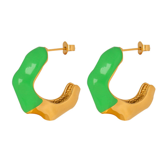 Green Retro C-Shaped Titanium Earrings