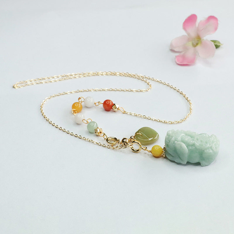 Myanmar A-grade Jade Pixiu Stone Necklace with Sterling Silver Chain