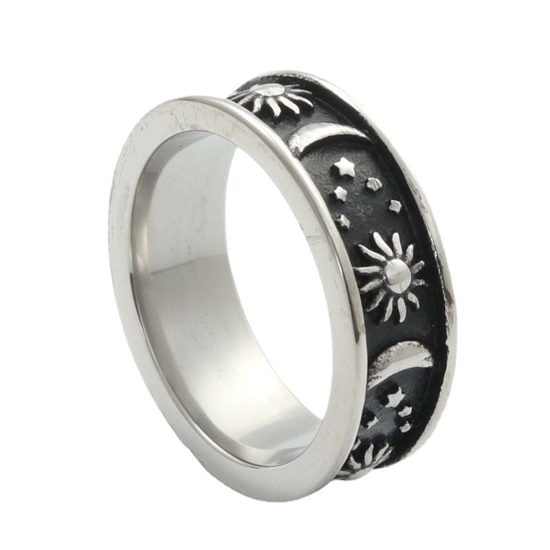 Titanium Steel Cosmic Star and Moon Ring - Retro Men's Jewelry Accessory