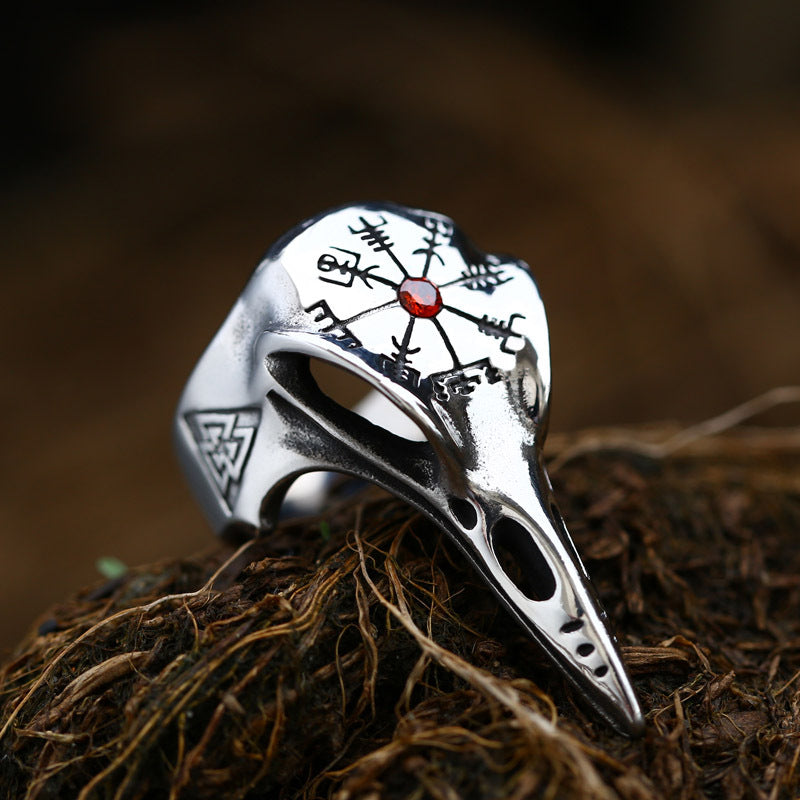 Viking Raven Gemstone-Inlaid Titanium Steel Men's Ring - Retro Compass Design for Everyday Wear