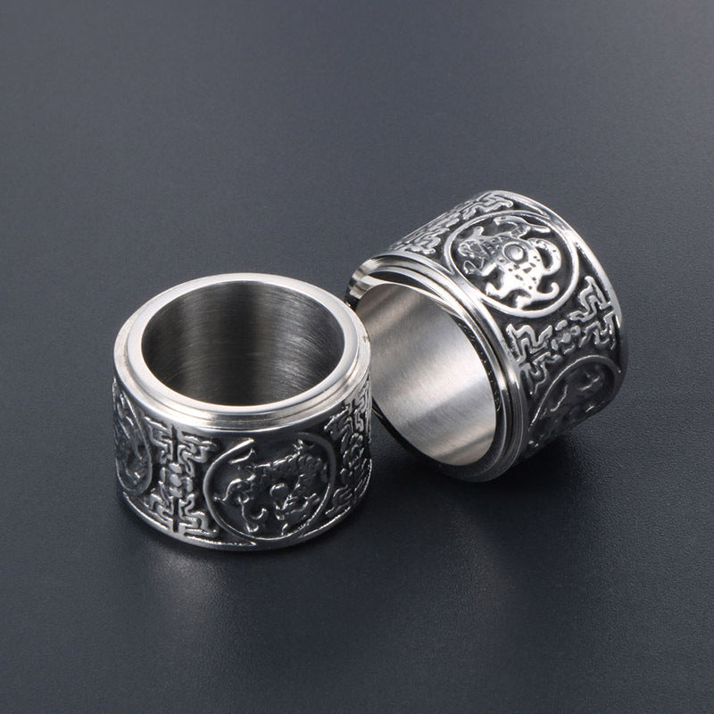 Trendy Men's Titanium Steel Ring with Rotatable Mythical Beasts Design - Unique Retro Style for Men