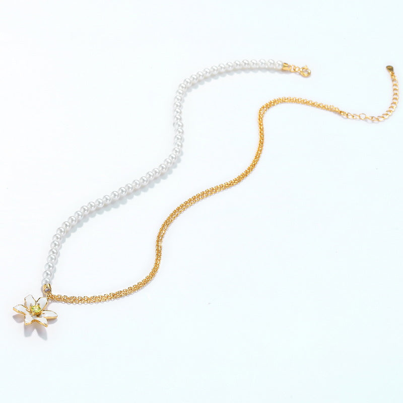 White Daffodil Pearl Chain Sterling Silver Necklace