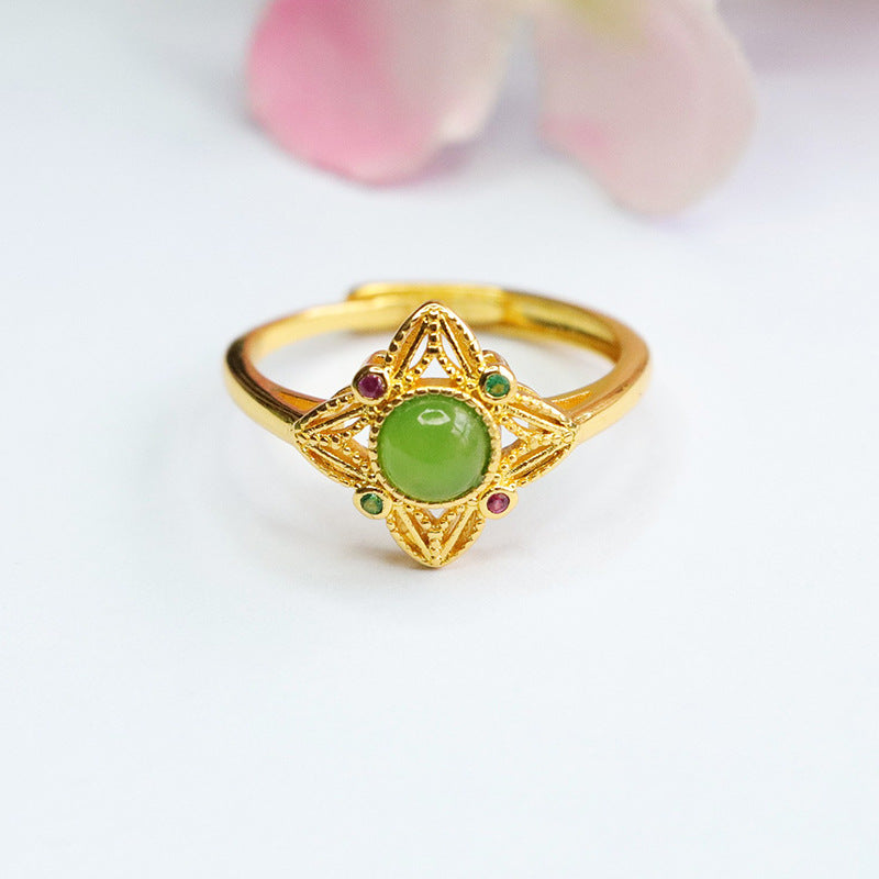 Jade Jasper and Zircon Sterling Silver Star Ring with Hollow Design