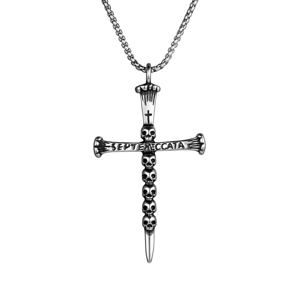 Titanium Steel Ghost Head Sword Cross Pendant Necklace for Men