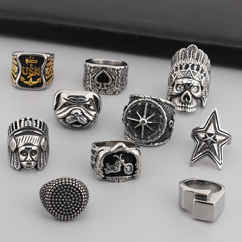 Stylish Titanium Steel Hip-Hop Ring for Men with Five-Pointed Star and Anchor Design