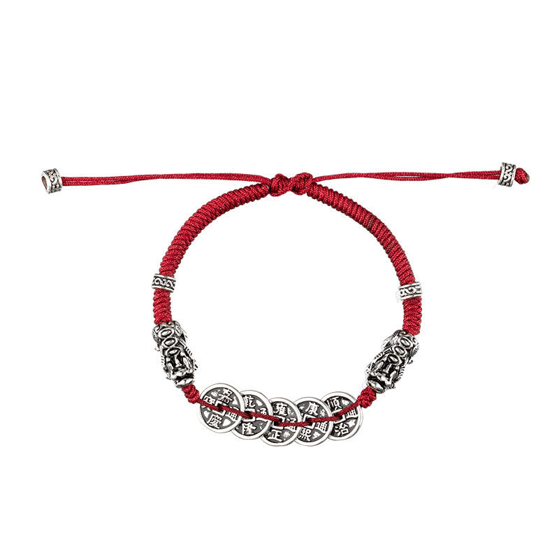 Chinese Style Sterling Silver Red Rope Bracelet for Attracting Wealth