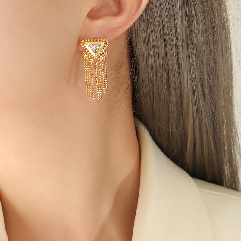 Exquisite Zircon and Brass Triangular Tassel Earrings