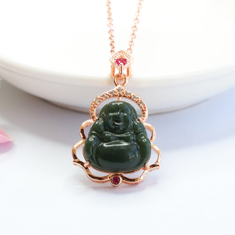 Buddha Necklace made of Natural Blackish Green Hetian Jade