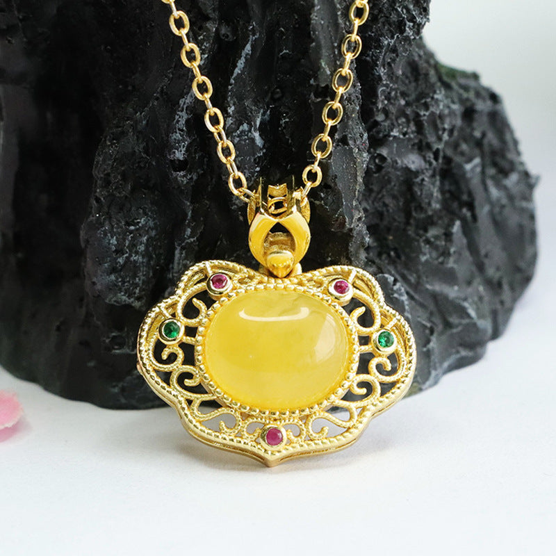 Amber Honey Wax Pendant with Sterling Silver Ruyi Design Jewelry for Women