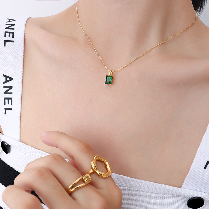 Regal Emerald Zircon Pendant with Gold Plated Titanium Steel Chain - Female Jewelry