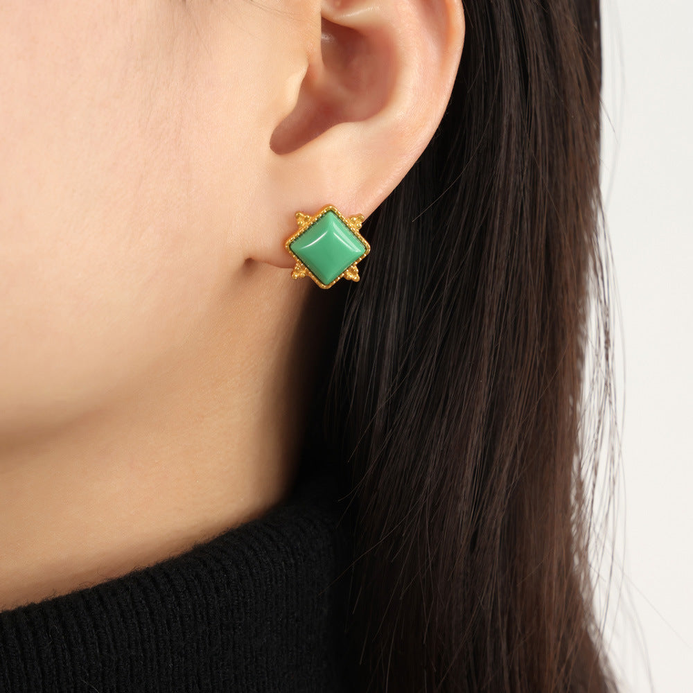 Luxurious Titanium Gold-Plated Geometric Earrings with Natural Stone Insets