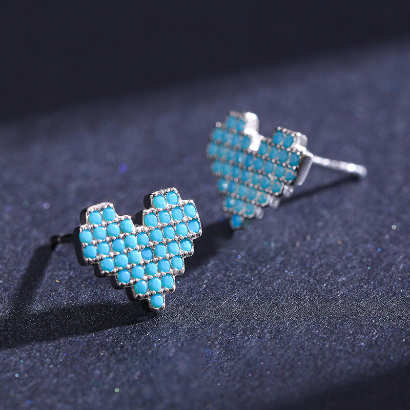 Retro Style S925 Sterling Silver Turquoise Heart-shaped Earrings