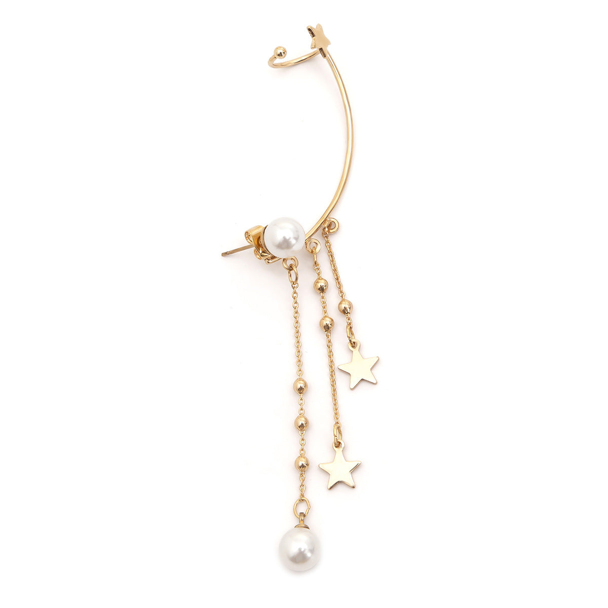 Elegant Single Pearl and Star Tassel Ear Clip Earrings from Europe and USA Collection