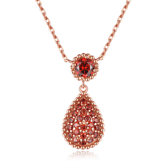 Water Droplet Pendant Round Red Garnet Sterling Silver Necklace