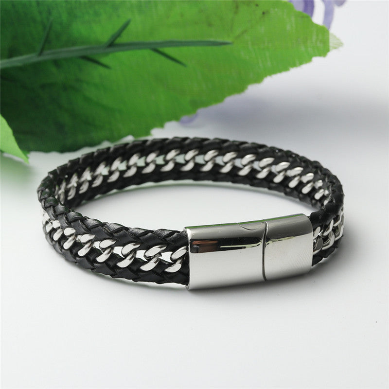 Men's Titanium Steel Punk Leather Bracelet with Woven Hollow Chain Design