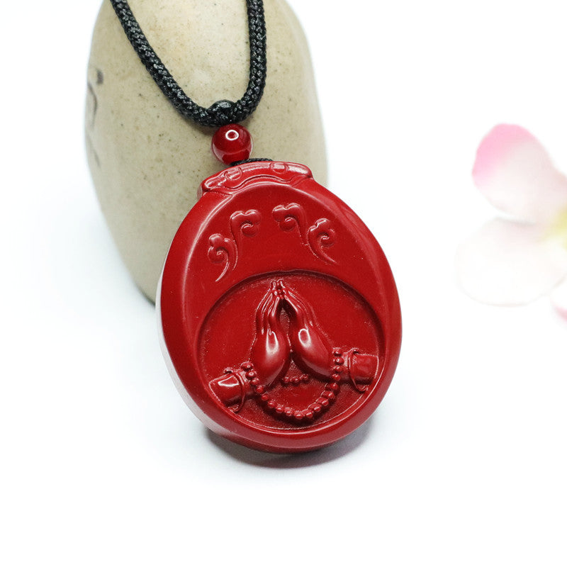 Handcrafted Cinnabar Stone Buddha Hand Pendant in Sterling Silver