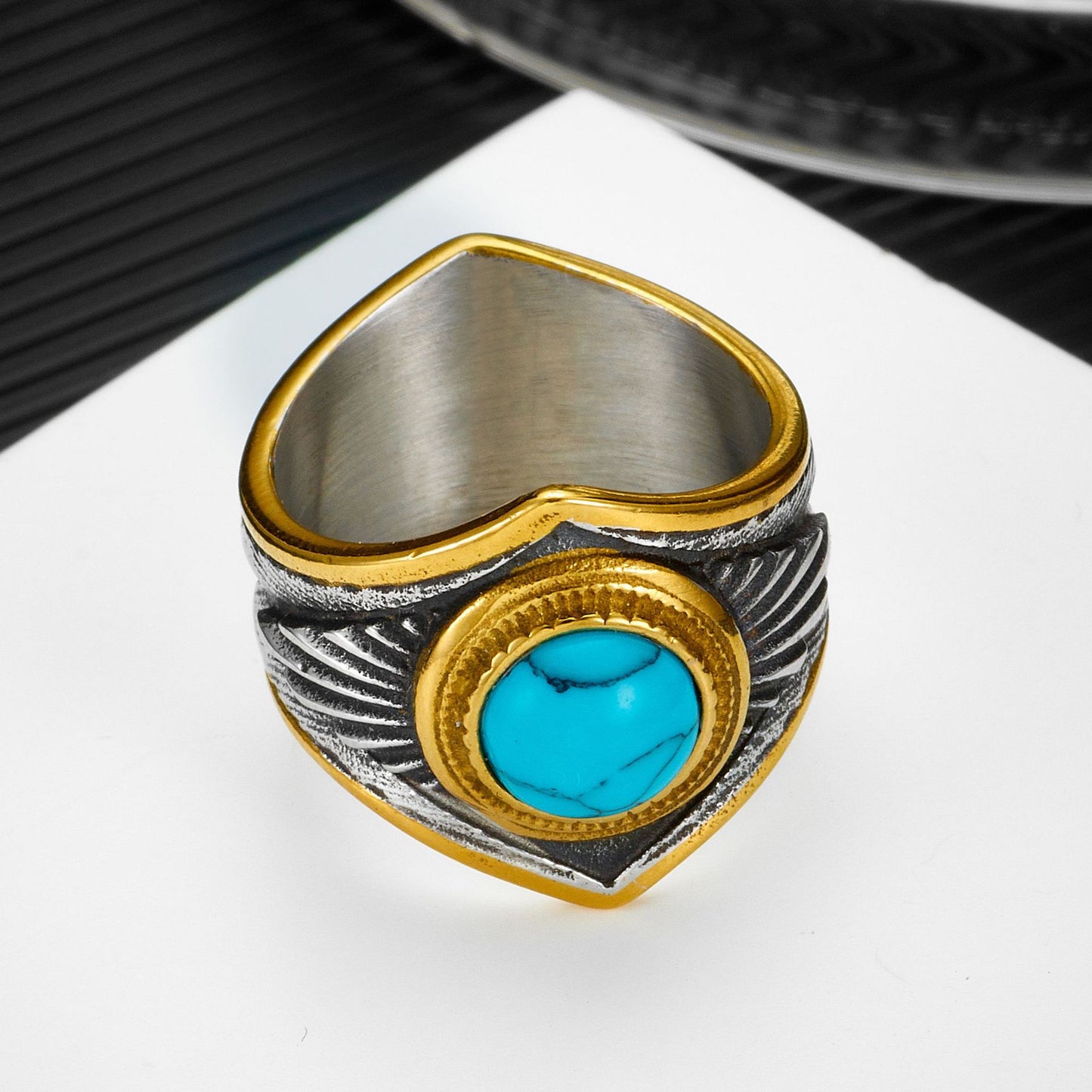 Literary Blue Turquoise Feather Men's Titanium Steel Ring