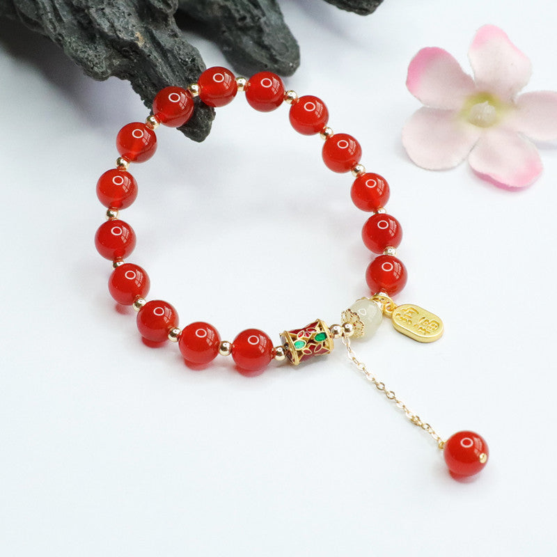 Fortune's Favor Sterling Silver Red Agate and Hetian Jade Tassel Bracelet