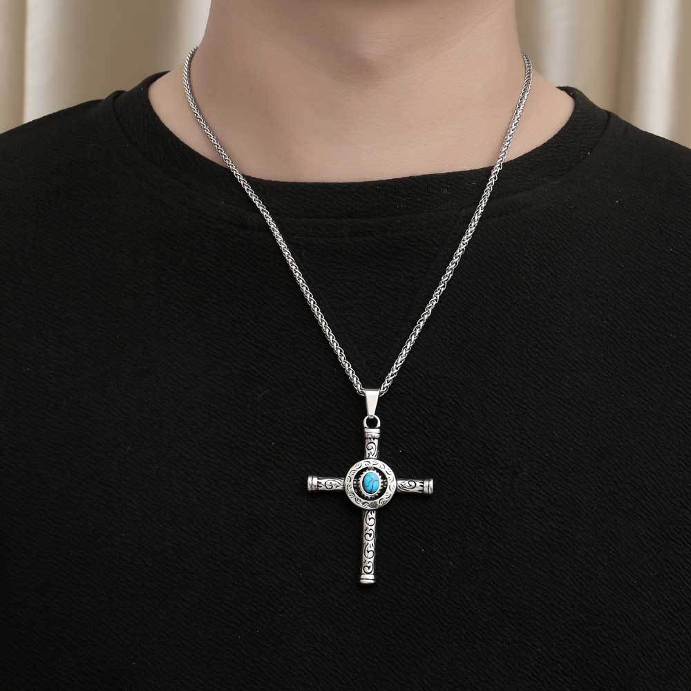 Titanium Steel Cross Pendant Necklace with Turquoise Accent for Men