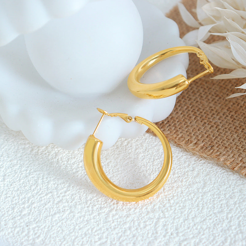 Hong Kong Style Gold-Plated Stainless Steel Earrings with Hollow Circles