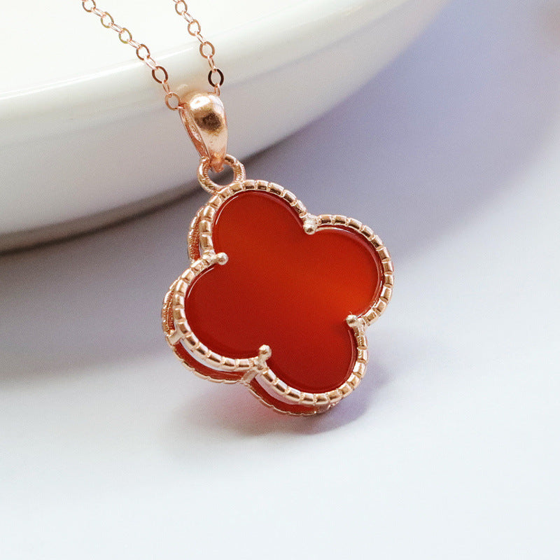 Red Agate Clover Sterling Silver Pendant