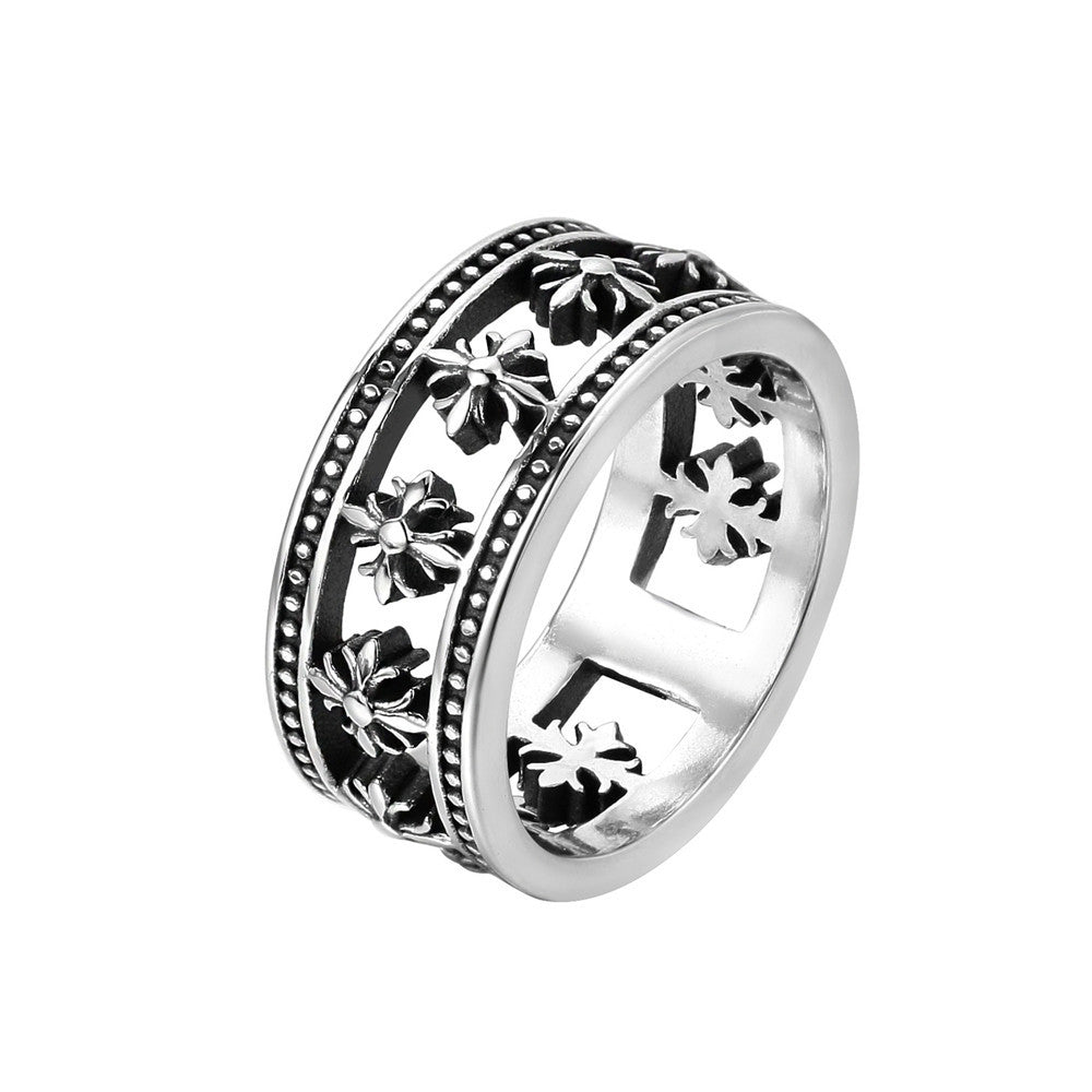 Hollow Row of Cross Flower Titanium Steel Ring for Men