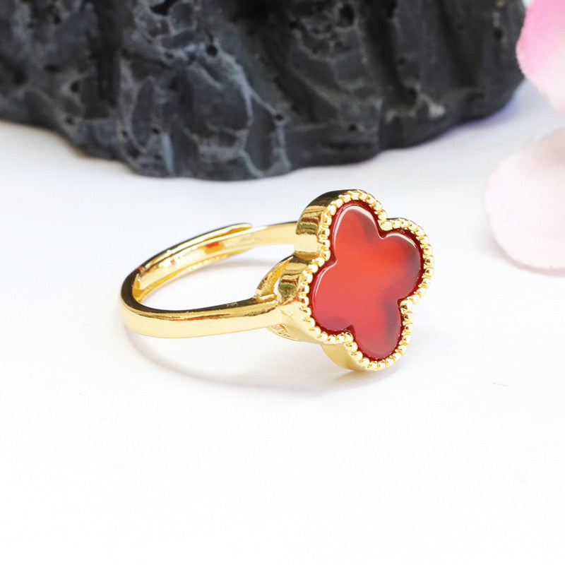 Red Agate Four Leaf Clover Ring Jewelry