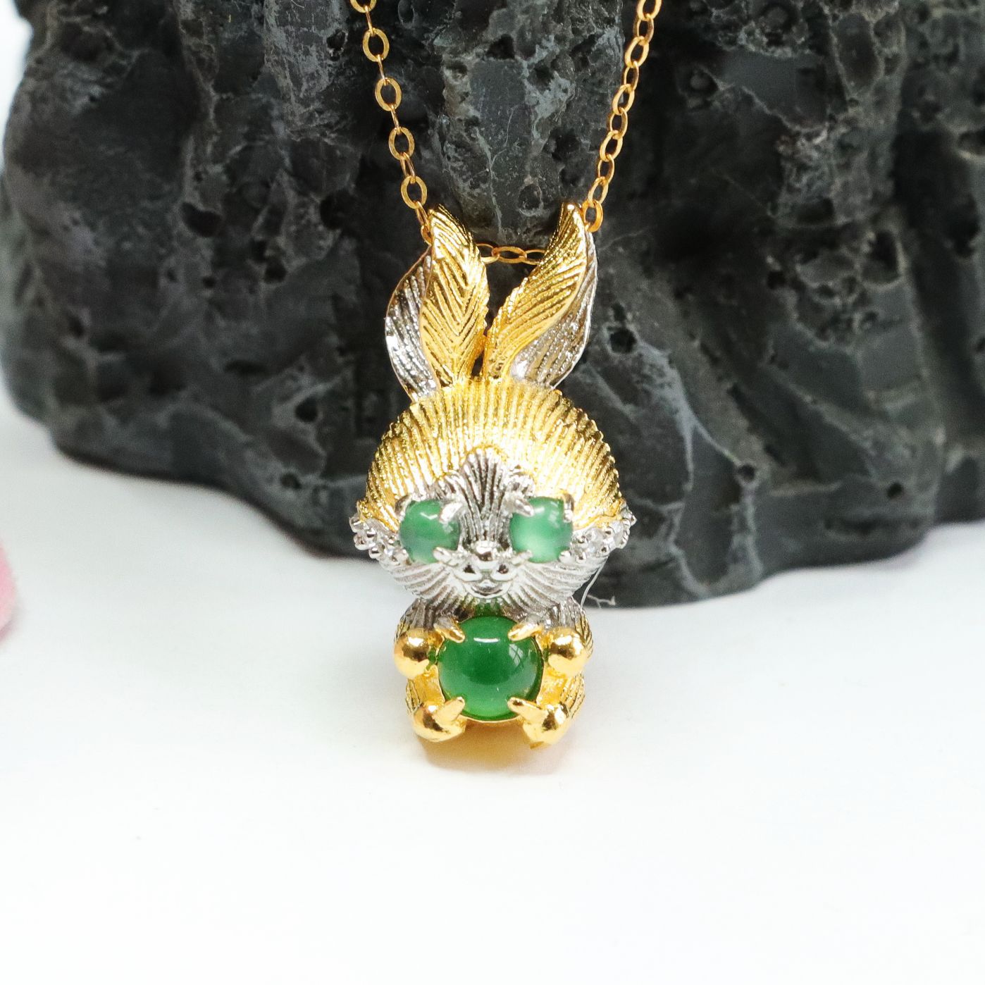 Jade Beaded Two Tone Rabbit Necklace with Sterling Silver