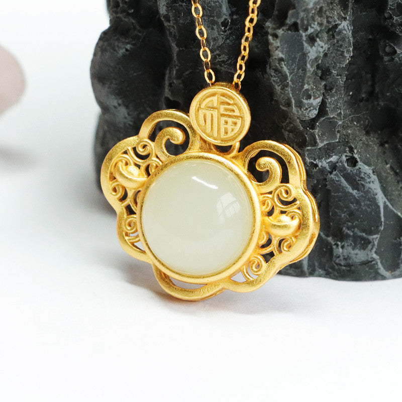 S925 Silver Natural Hotan Jade Pendant Round White Jade Hollow Blessing Ruyi Necklace