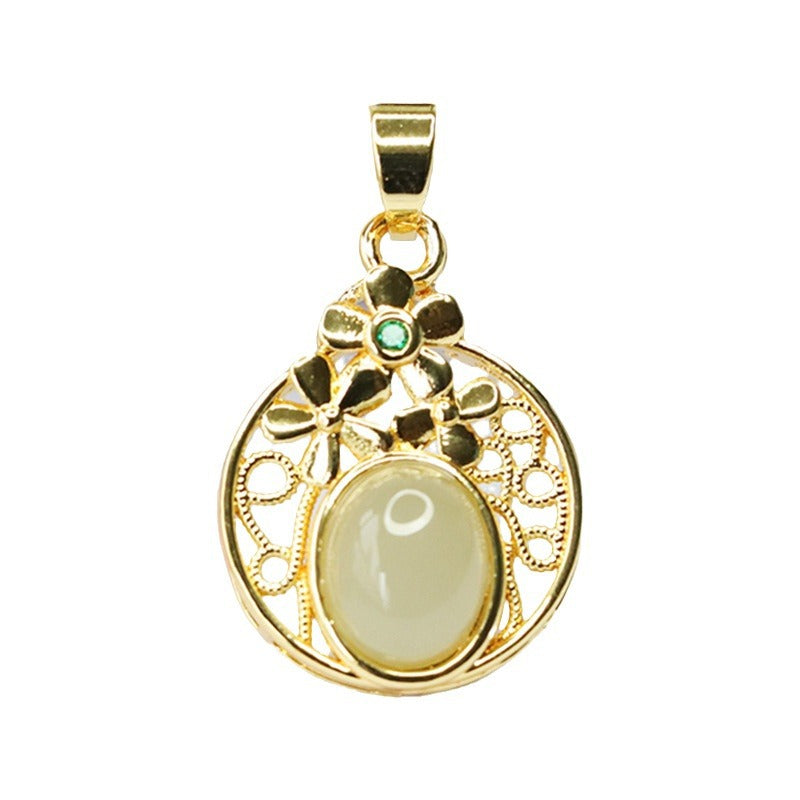 Elegant Hetian Jade Pendant with Sterling Silver Hollow Flower Design