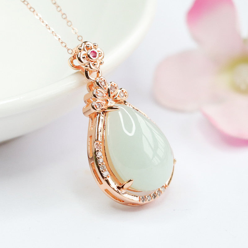 Jade Water Drop Pendant Necklace with Rose Gold Finish