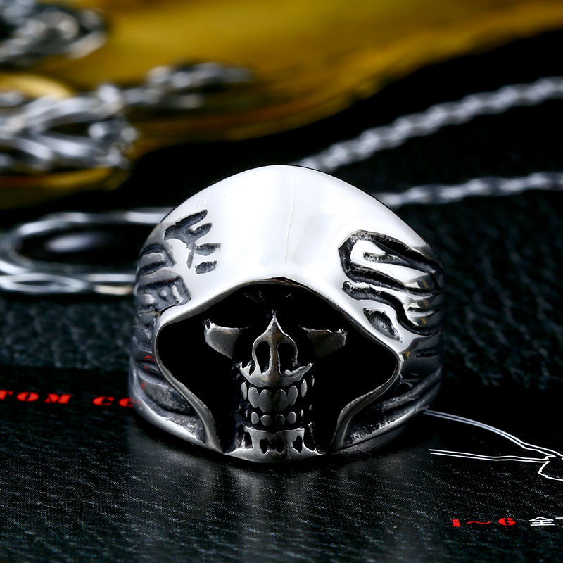 Vintage-Inspired Men's Titanium Steel Reaper Skull Ring - Wholesale Alternative Jewelry