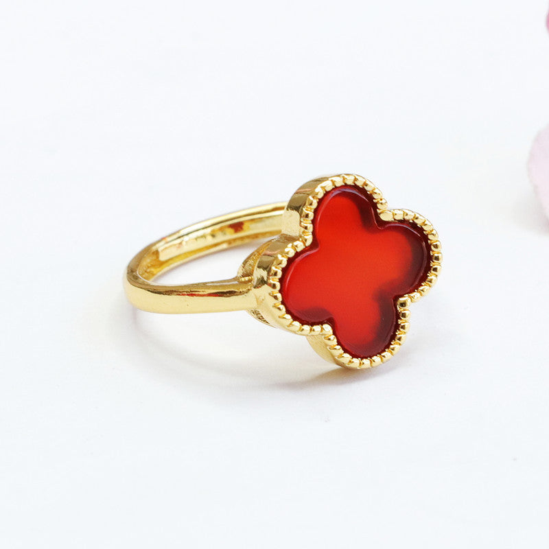 Red Agate Four Leaf Clover Ring Jewelry