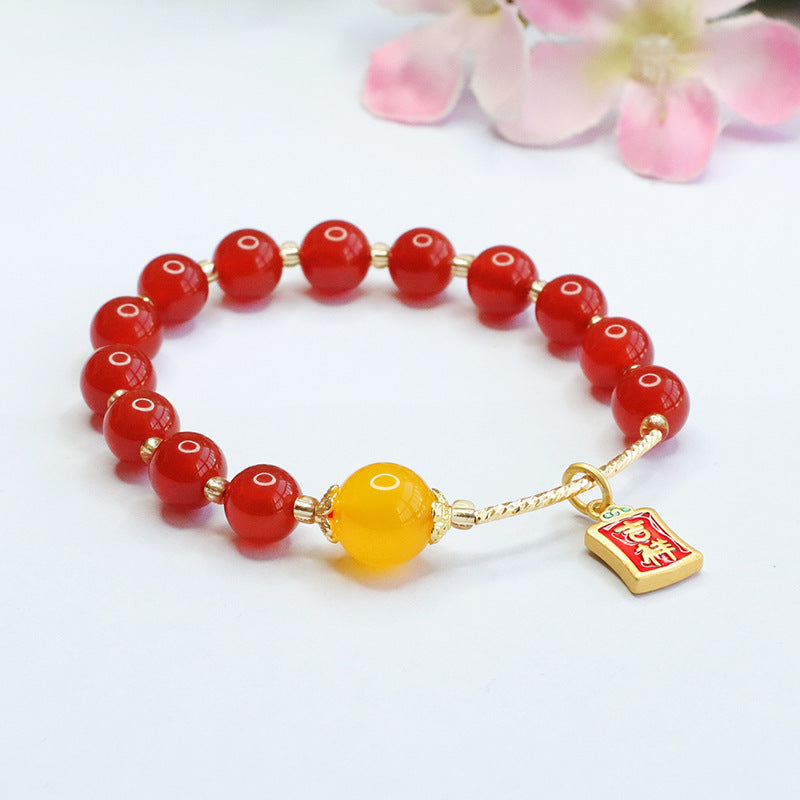 Red Agate and Yellow Chalcedony Sterling Silver Bracelet