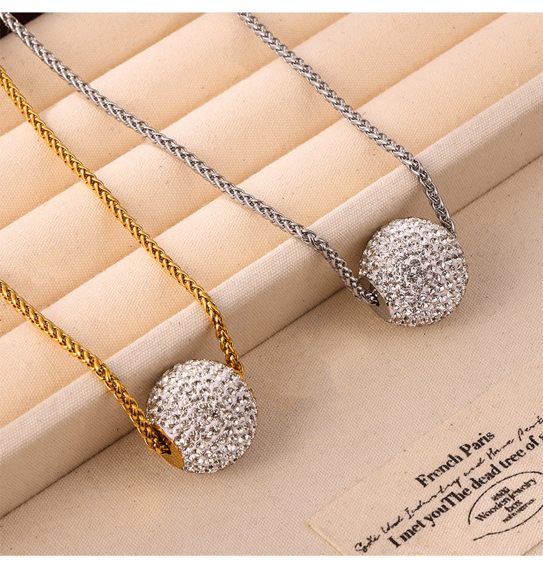 Zircon Embellished Ball Pendant Necklace in Titanium Steel - Chic and Minimalistic Gold-Plated Jewelry