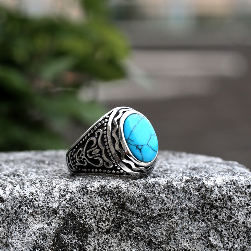 Turquoise Vintage-Inspired Titanium Steel Ring for Men - Customizable Stainless Steel Design