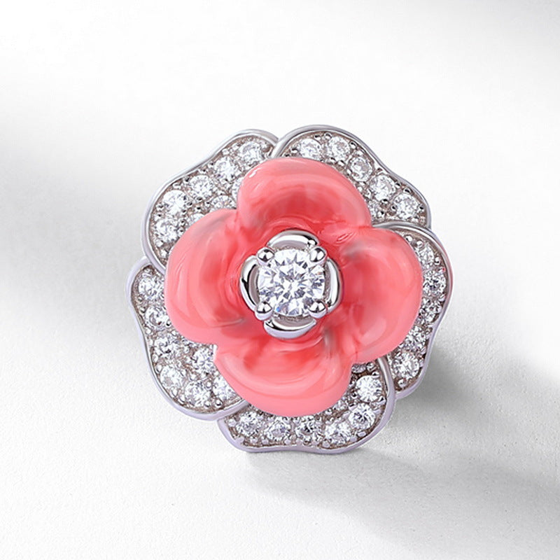 Zircon Red Camellia Flower Sterling Silver Stud Earrings