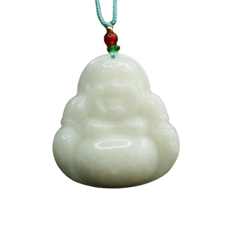 Large White Jade Buddha Necklace crafted with Natural Hotan Jade