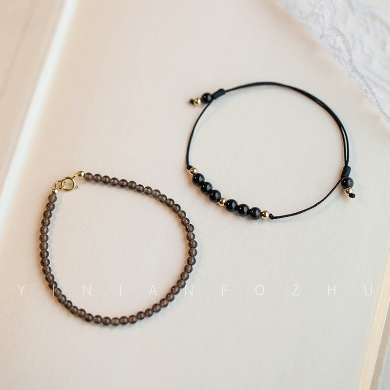 Fortune's Favor Sterling Silver Crystal and Obsidian Bracelet with 14k Gold Plated Lucky Gold Bead